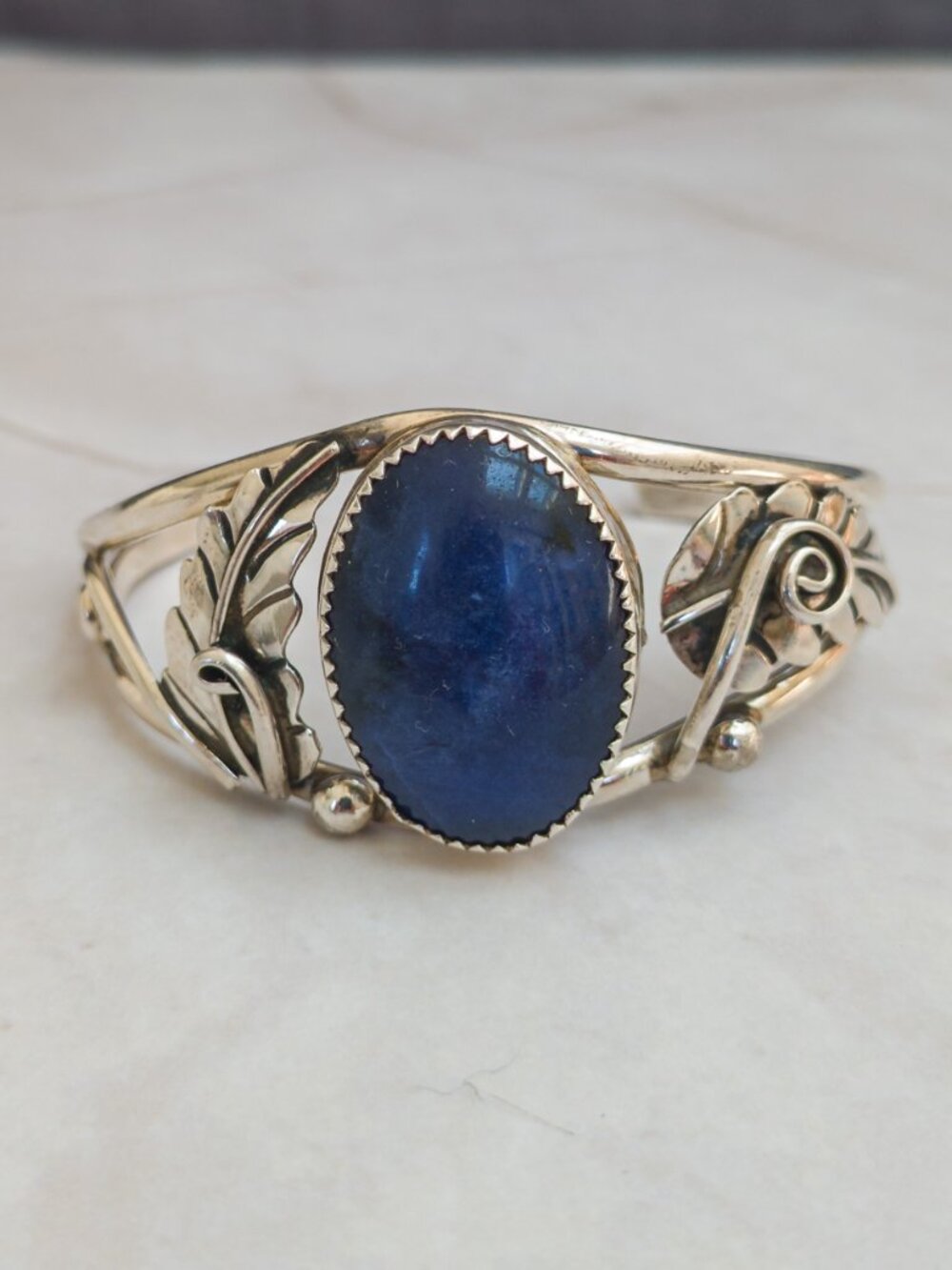 Vintage Navajo Sterling Silver Cuff Bracelet–Signed “T Sterling”–Lapis Lazuli